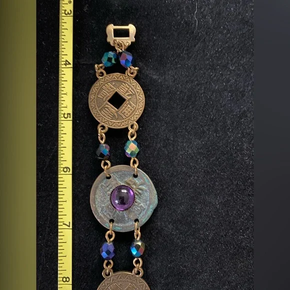 Bracelet with coin-like disks and iridescent beads. - Picture 5 of 7